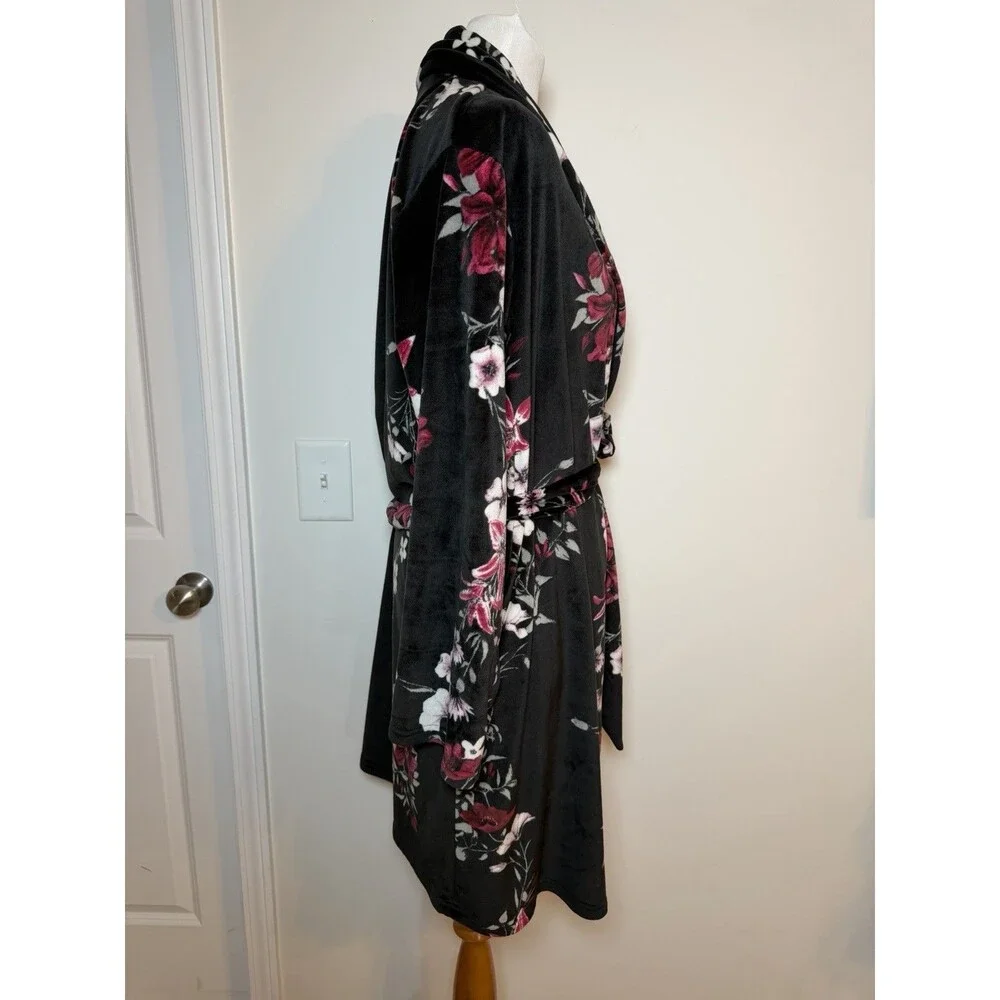 Nanette Lepore Floral Plush Bath Robe Women’s Large Black Pink